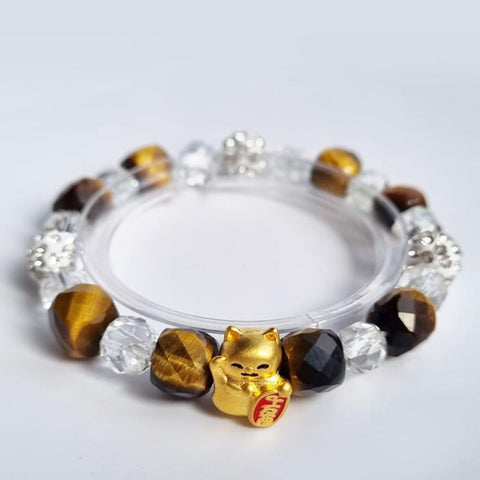 D15 Tiger eye, Clear quartz faceted crystal beads bracelet with 18k Fortune Cat