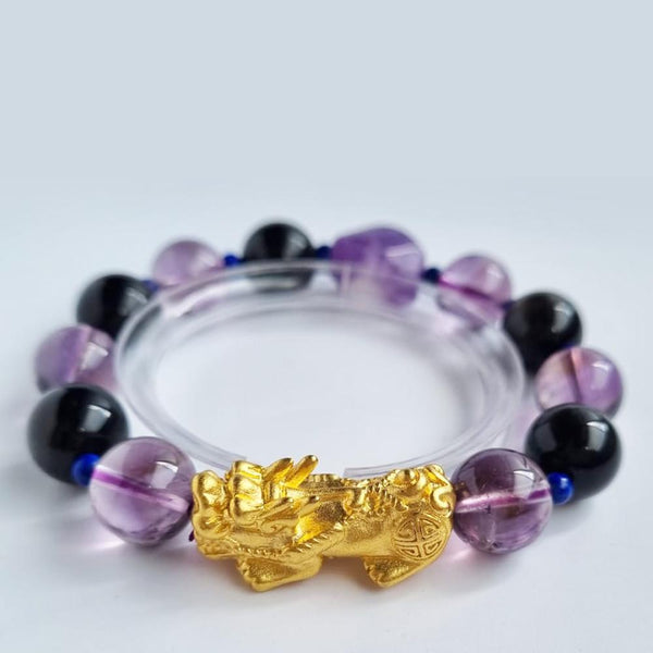 D30 Amethyst, Silver Obsidian, Dream amethyst crystal bracelet with 18k Gold Pixiu