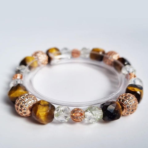 D16 Tiger eye and Clear quartz  faceted crystal beads bracelet with 18k rose gold spacer beads