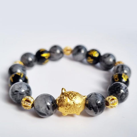 D23 Black Rutilated quartz crystal bracelet with 18k Fortune pig