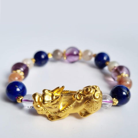 D21 Lapis lazuli, Amethyst, Alusha, Clear quartz crystal bracelet with 18k Gold pixiu