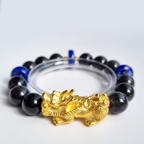 D22 Black Rutilated quartz and Lapis lazuli crystal bracelet with 18k Gold pixiu