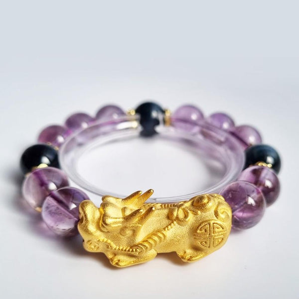 D24 Amethyst and Blue Tiger eye crystal bracelet with 18k Gold pixiu