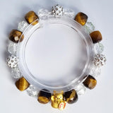D15 Tiger eye, Clear quartz faceted crystal beads bracelet with 18k Fortune Cat