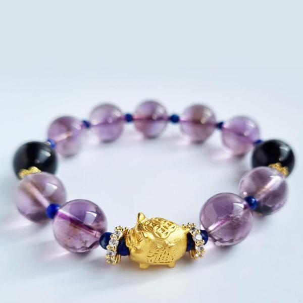 D32 Amethyst and Silver obsidian crystal bracelet with 18k Fortune Pig charm