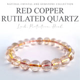 Red copper rutilated quartz crystal bracelet. Genuine natural and unheated gemstone with Certificate of Authenticity