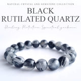 Black rutilated quartz crystal bracelet. Genuine natural and unheated gemstone with Certificate of Authenticity