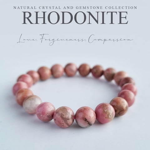 Rhodonite crystal bracelet collection. Genuine natural and unheated gemstone with Certificate of Authenticity