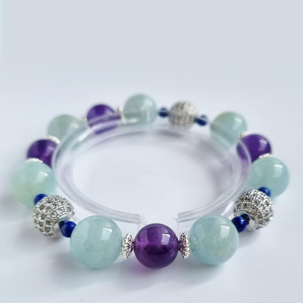 D33 Aquamarine, Amethyst, Lapis lazuli crystal bracelet with 18k Silver beads