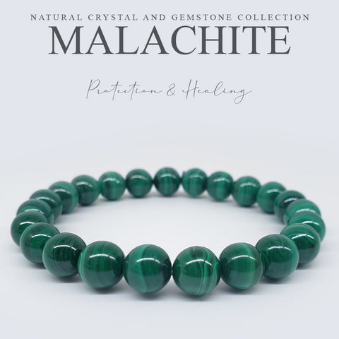 Malachite 9mm crystal bracelet. Genuine natural and unheated gemstone with Certificate of Authenticity