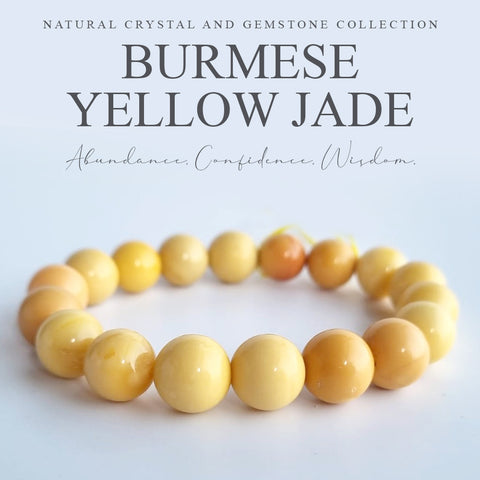 Burmese Yellow Jade 11mm round-bead bracelet. Genuine unheated gemstone with Certificate of Authenticity