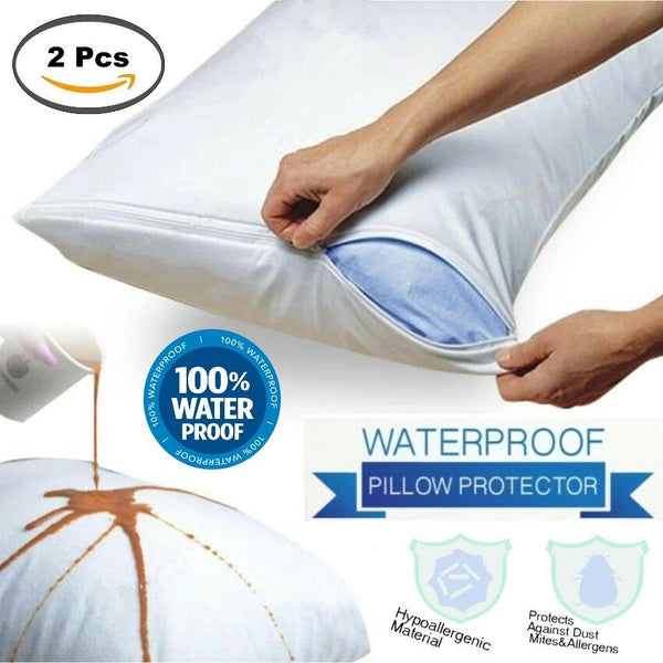 SOL HOME ® 2pcs Waterproof Zippered Pillow Case - Anti Allergy Waterproof Pillow Protector - Pillowcase by ShopOnlineLah (Bedding)