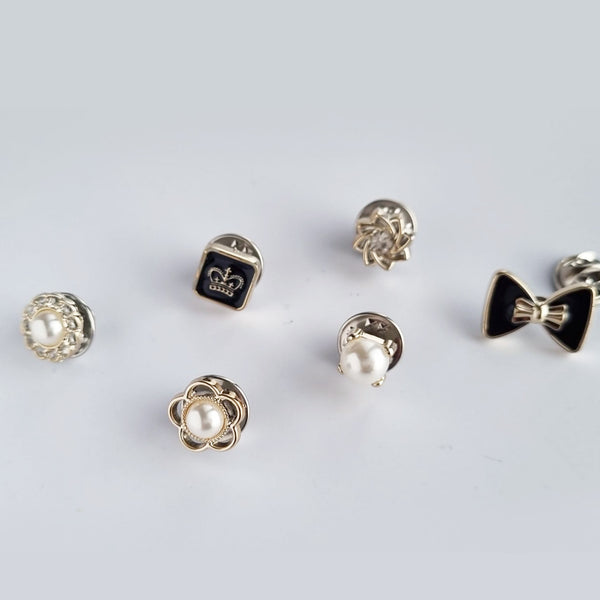 Set of 6pcs women brooch pins button fashion accessories for lapel, suit, tie to prevent accidental exposure with diamante and pearl embellishment