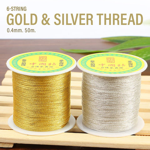 50m, 6-strand string in Gold and Silver. 0.4mm thread cord metallic twine for DIY handmade crafts and embroidery