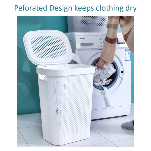 Perforated Mock Rattan Cylinder Laundry Basket with attached flippable Cover, Multi-purpose basket