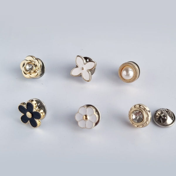 Set of 6pcs women brooch pins button fashion accessories for lapel, suit, tie to prevent accidental exposure with diamante and pearl embellishment